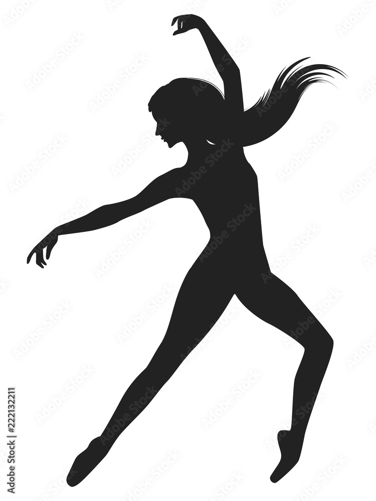 Silhouette of dancer with long hair - isolated on white background - vector art.