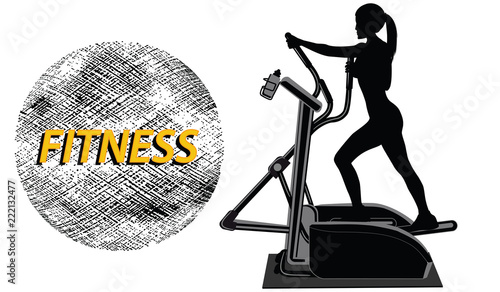 Silhouette of woman on stepper simulator - Flat style - Emblem Fitness - isolated on white background - art vector