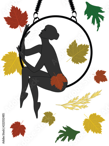 Yoga - woman sitting on a hoop - autumn leaves - flat style - isolated on a white background - vector.