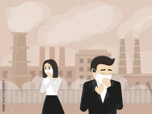 People in protective mask on industrial background with factories and smog.