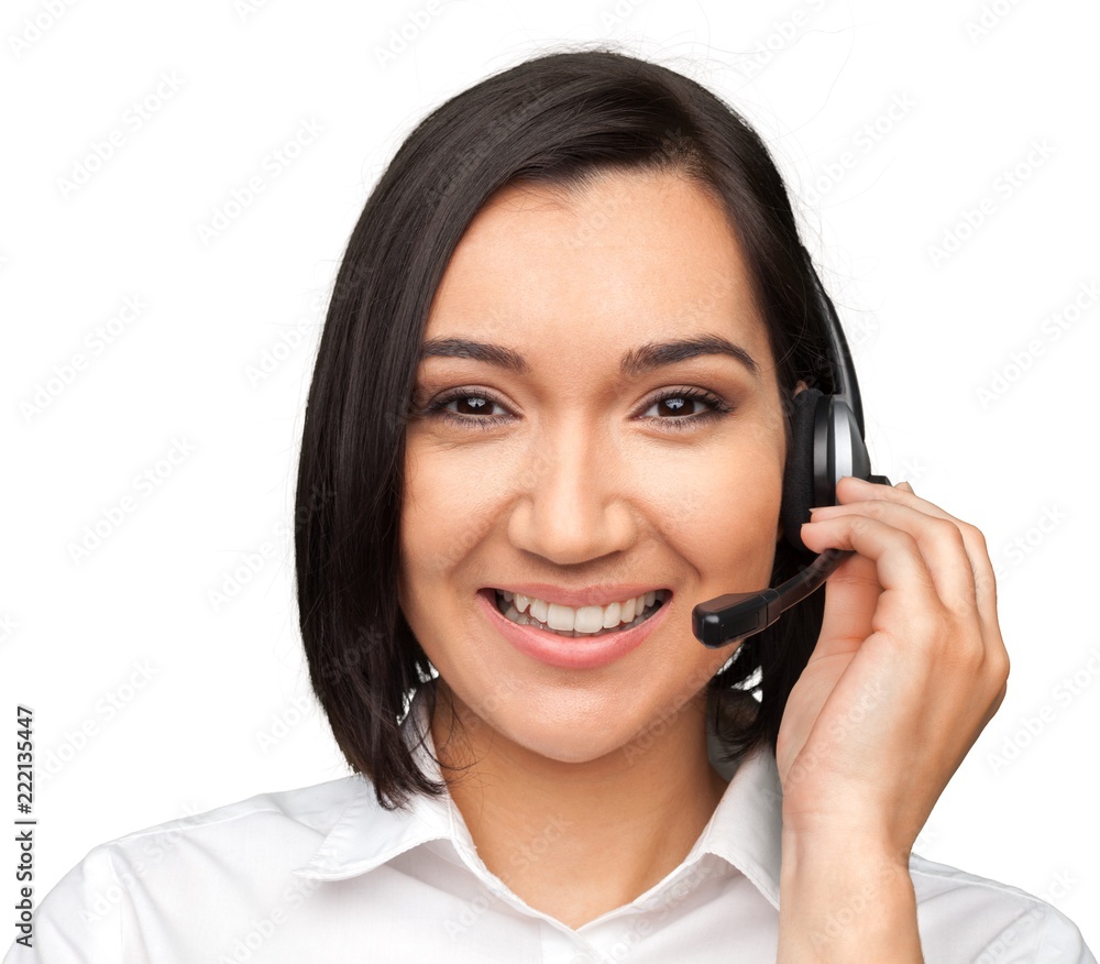 Closeup of a Female Phone Operator in Headset Closeup of a Female Phone Operator in Headset