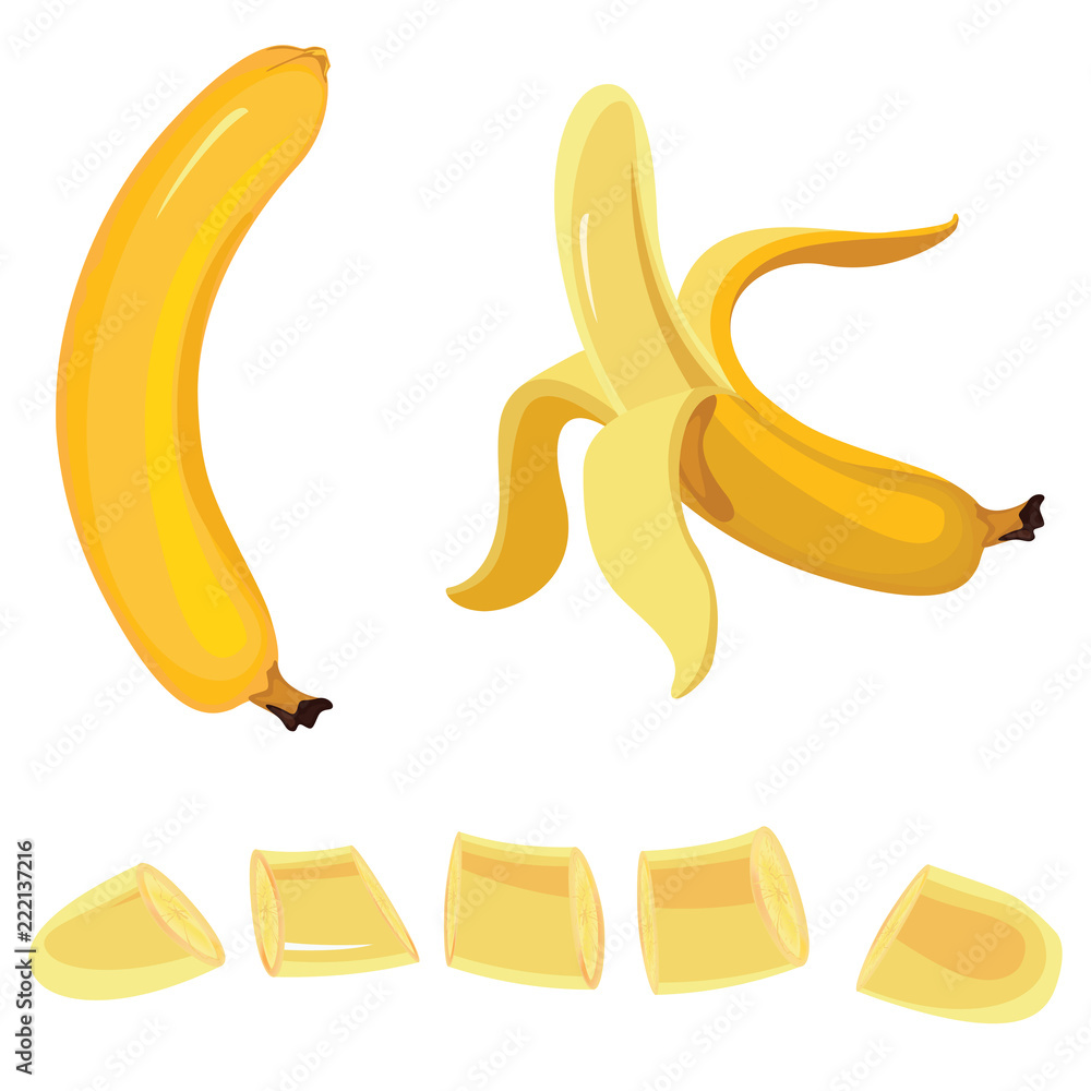Set of Yellow Banana and slices of bananas isolated on white background.