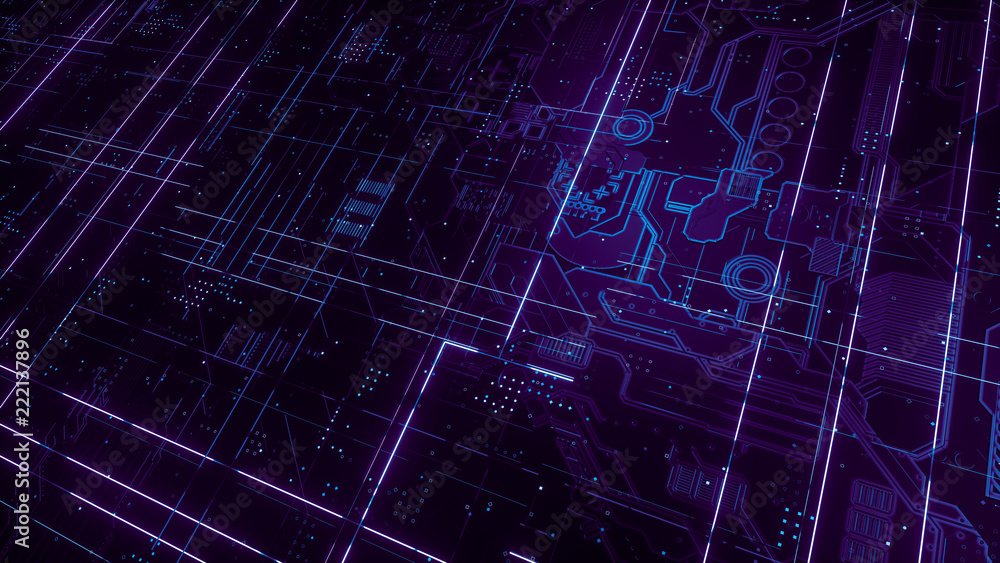 Digital electronic circuit board. Abstract structure of many glowing lines and geometric elements. Creative technology concept. Luminous and metal elements on black background. 3d rendering Digital electronic circuit board. Abstract structure of many glowing lines and geometric elements. Creative technology concept. Luminous and metal elements on black background. 3d rendering