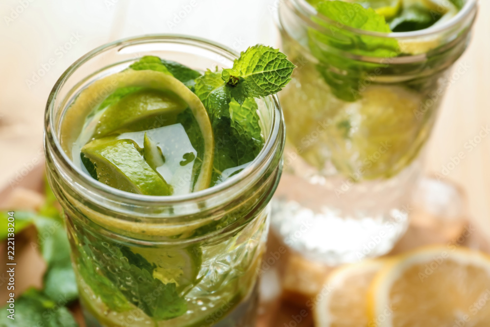 Jar of fresh mojito on table, closeup Jar of fresh mojito on table, closeup