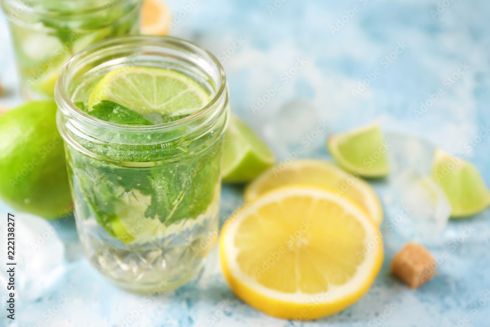 Jar of fresh mojito on light table Jar of fresh mojito on light table