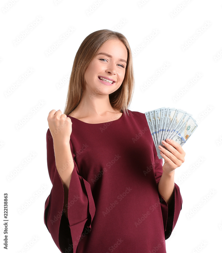 Happy young woman with dollar banknotes on white background Happy young woman with dollar banknotes on white background