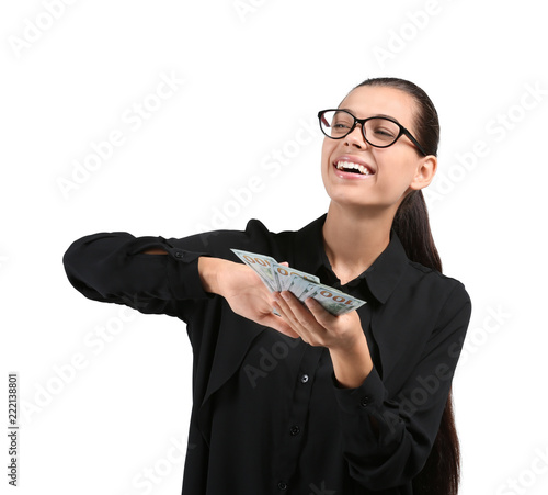 Happy young woman with doll...