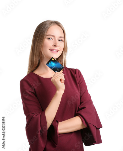 Happy young woman with cred...