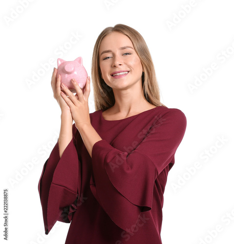 Happy young woman with pigg...