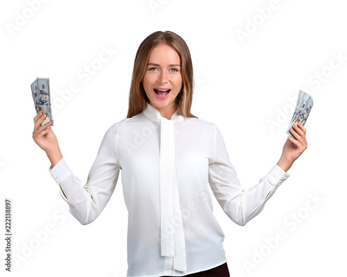 Happy young woman with doll...