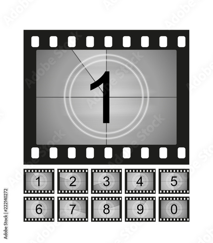 Movie countdown frames set. Old film cinema timer count. Vector illustration.