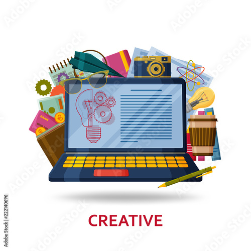 Creation of creative content for the web site. Background with laptop with infographic elements and abstract contents. Vector illustration