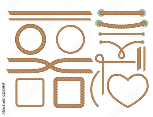 Realistic nautical twisted rope knots. Frames and dividers isolated on the white baclground. Vector illustration.