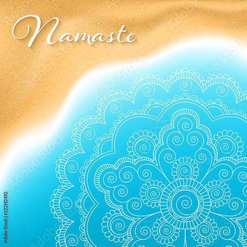 Flyer or brochure template with hand drawn mandala pattern on seashore background. Yoga classes banner