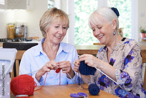 Two Senior Female Friends Knitting At Home Together