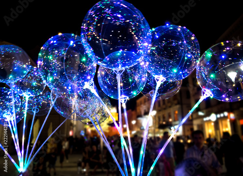LUBLIN, POLAND - JULY 27, 2018: LED transparent balloon with multi-colored luminous garland.