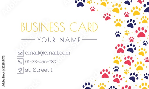 pet advertising business card templates. Place for text. veterinary clinic and zoo shop. grooming. paw ornament