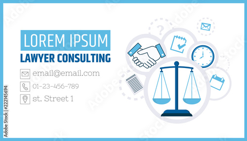 Lawyer consulting. Justice scales. A business card template of a law firm or company. Flyer legal services