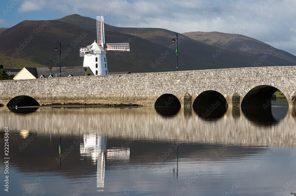 Fototapeta premium Panoramic view of Blennerville windmill and bridge on The Dingle peninsula in County Kerry, Ireland