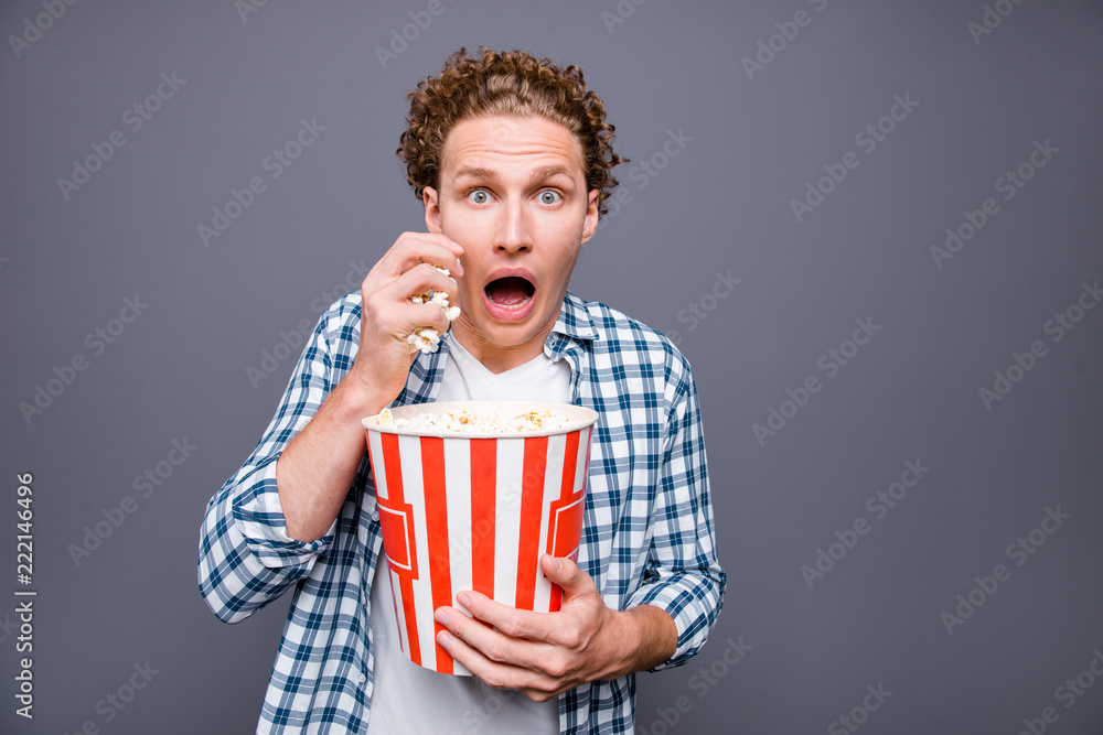 Fototapeta premium Portrait of stylish trendy attractive handsome scared worried fa