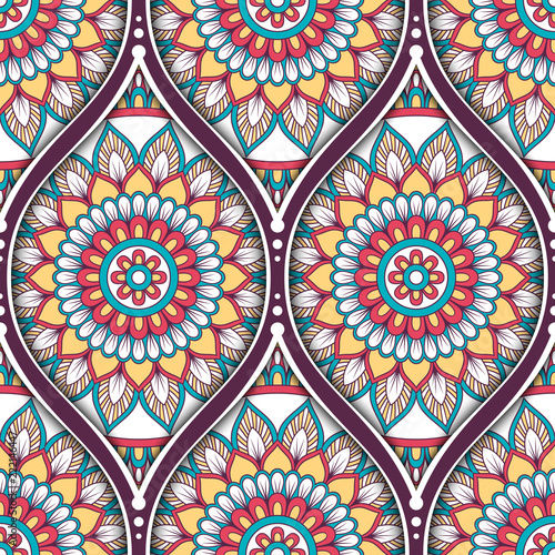 Seamless pattern with ethnic mandala ornament. Hand drawn illustration