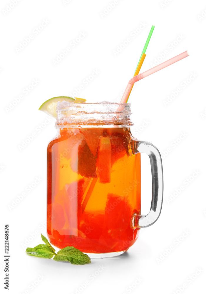 Fresh summer cocktail in mason jar on white background Fresh summer cocktail in mason jar on white background