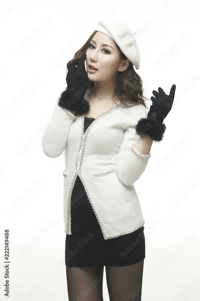 Asian mature sexy girl in white sweater and white hat