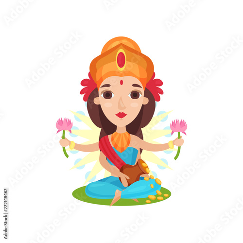 Lakshmi Indian goddess of wealth, grace and charm cartoon vector Illustration on a white background