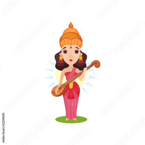 Saraswati Indian goddess of knowledge, arts, music, wisdom and learning cartoon vector Illustration on a white background