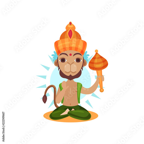 Hanuman Indian god, leader of the army of monkeys cartoon vector Illustration on a white background