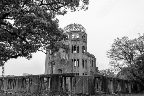 Black and white, Atomic Bomb Dome memorial building in world war 2 Hiroshima,Japan