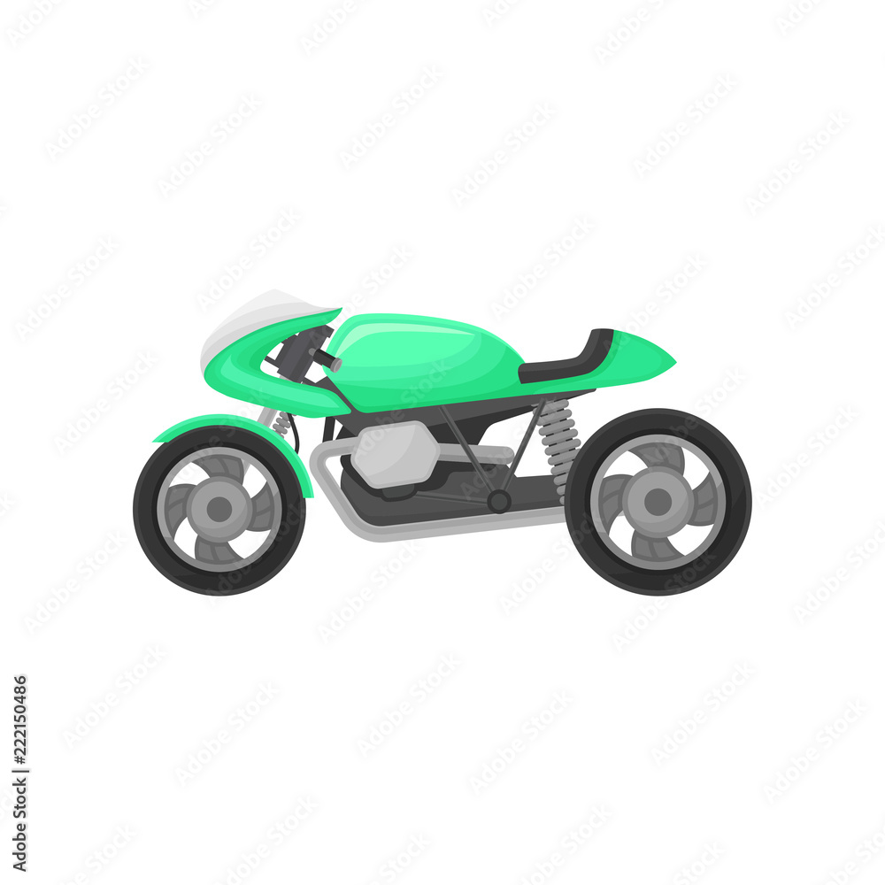 Bright green motorcycle. Modern sport bike. Two-wheeled motor vehicle. Flat vector element for mobile game or poster