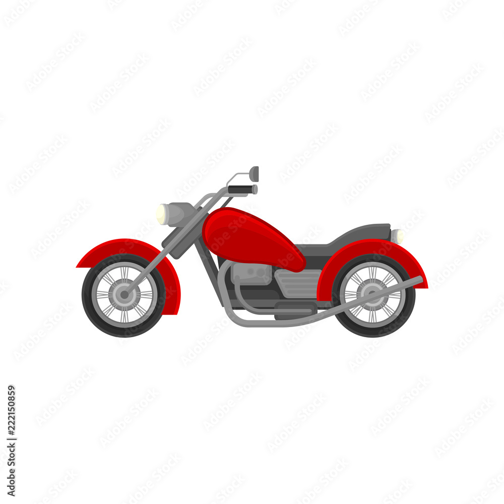 Big old-school motorcycle, side view. Red vintage motorbike. Flat vector element for advertising poster or banner