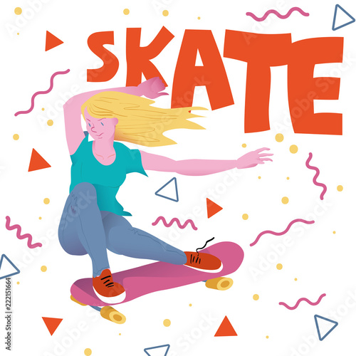Beautyful girl with golden hair on pink skateboard.  Cool chick does a trick. Poster for sportsmen skateboarders with text 'Skate'. Vector illustration.