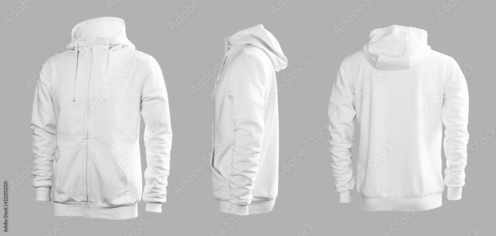 White men's sweatshirt with long sleeves and hood in rear and side views White men's sweatshirt with long sleeves and hood in rear and side views