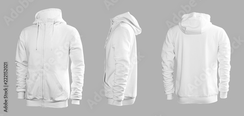 White men's sweatshirt with long sleeves and hood in rear and side views