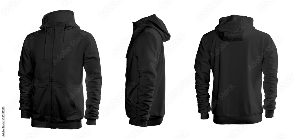 Black men's sweatshirt with long sleeves and hood in rear and side views - obrazy, fototapety, plakaty 