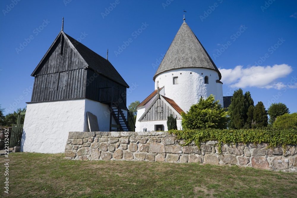 Defensive round church in Olsker, Bornholm, Denmark. It is one of four round churches on the Bornholm. Built about 1150, 26 meter high, considered the most elegant round church