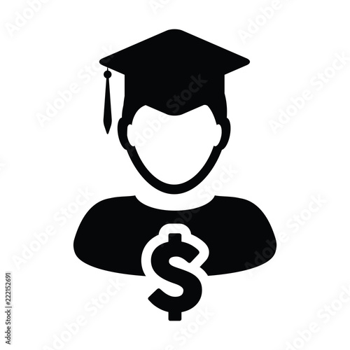 Student loan icon vector male person profile avatar with dollar symbol and mortar board for education in flat color glyph pictogram illustration