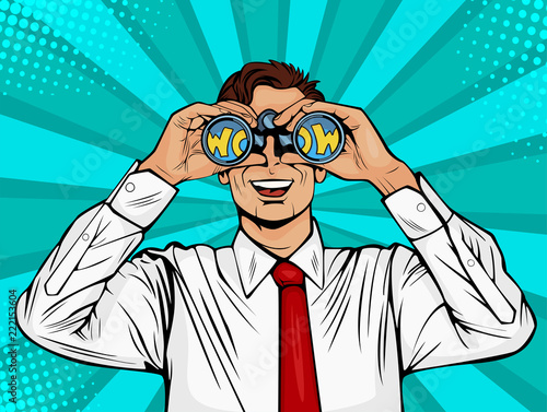 Wow pop art face of surprised man open mouth holding binoculars in his hand with inscription wow in reflection. Vector illustration in retro comic style.