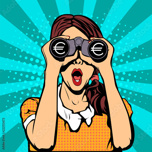 Financial monitoring of currency euro businesswoman binoculars pop art retro style.  Sexy surprised woman with open mouth. Colorful vector background in pop art retro comic style.