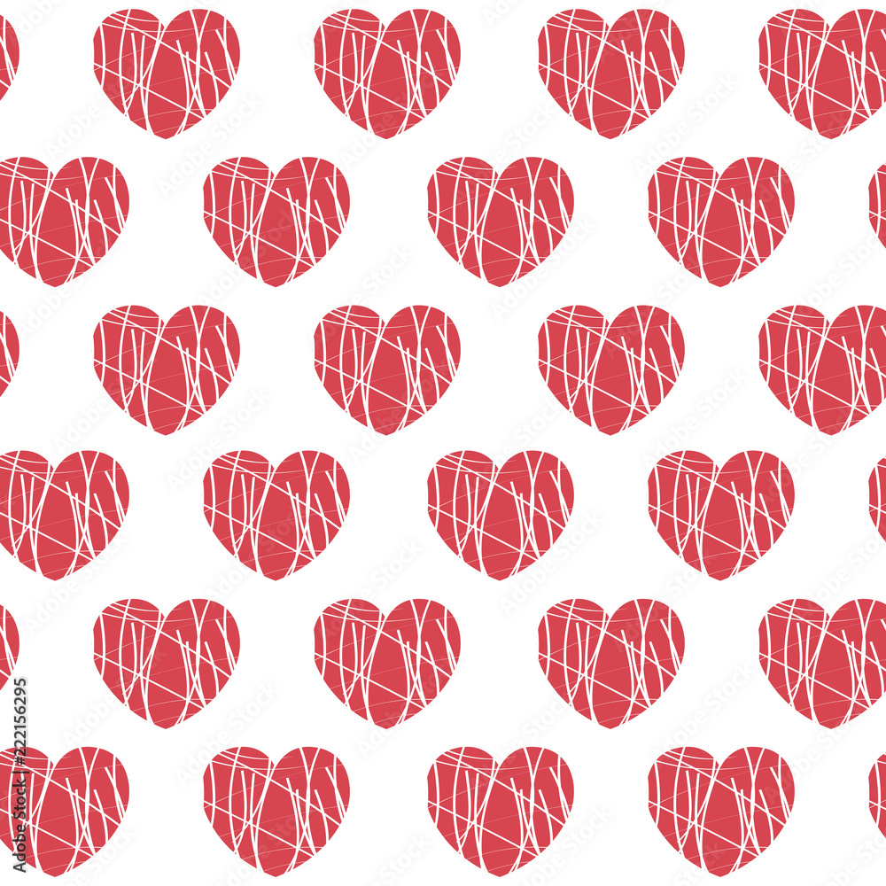 Hearts seamless pattern. Red hearts with chaotic stripes inside on white background. Vector illustration. Hearts seamless pattern. Red hearts with chaotic stripes inside on white background. Vector illustration.