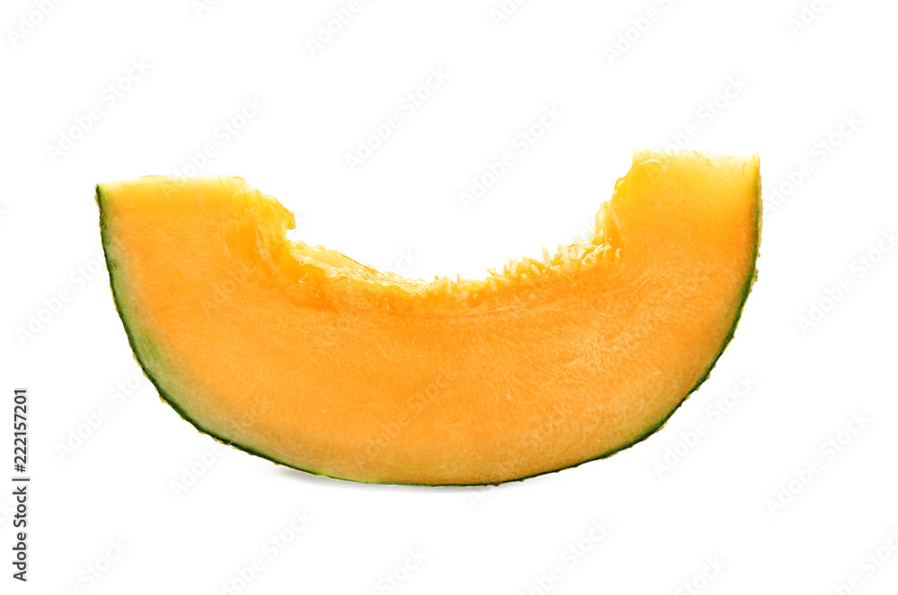 Slice of sweet ripe melon on white background