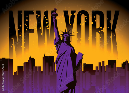 Vector banner with statue of Liberty among the skyscrapers of New York on the night sky background. American landmark