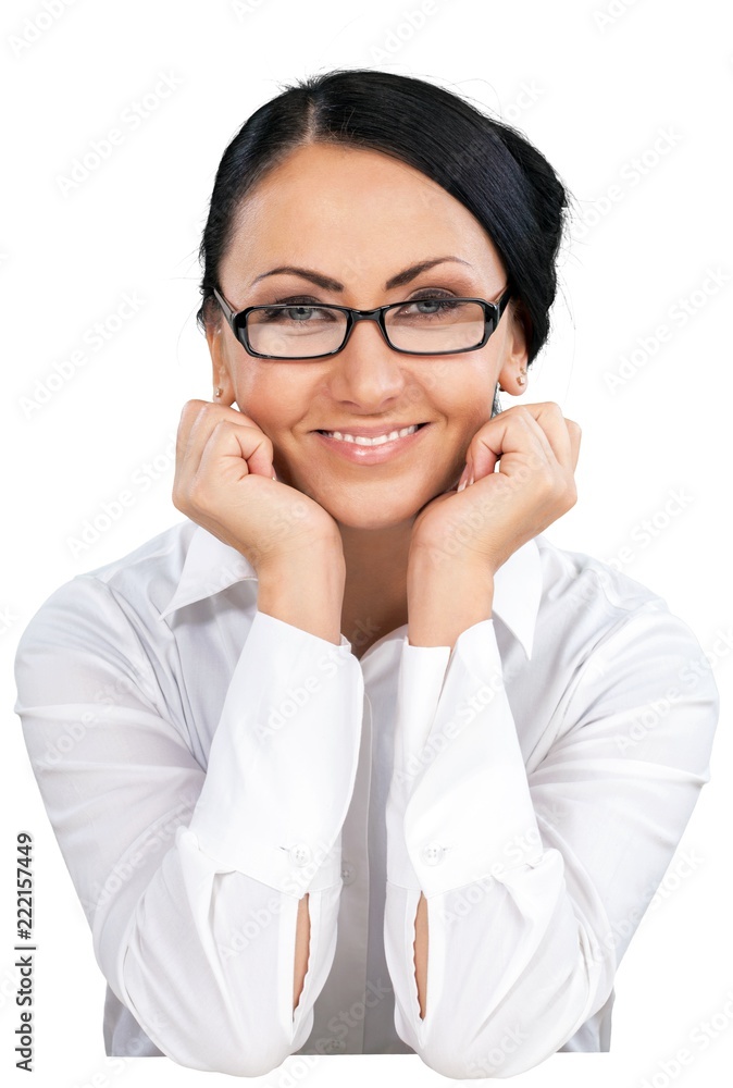 Friendly Woman with Head Resting on Fists - Isolated Friendly Woman with Head Resting on Fists - Isolated