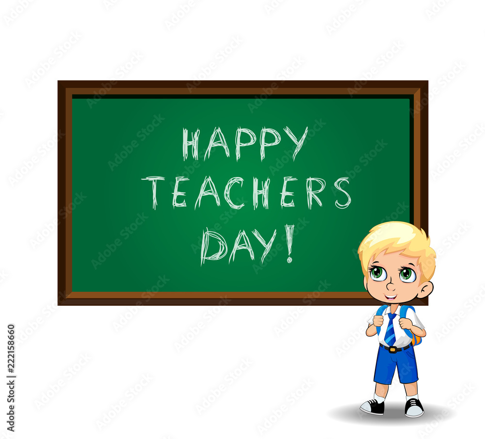Happy teachers day greeting card clip art with cute cartoon school boy on  white Stock Vector | Adobe Stock