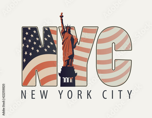 Vector banner with the letters NYC with the image of American flag and Statue of Liberty on light background