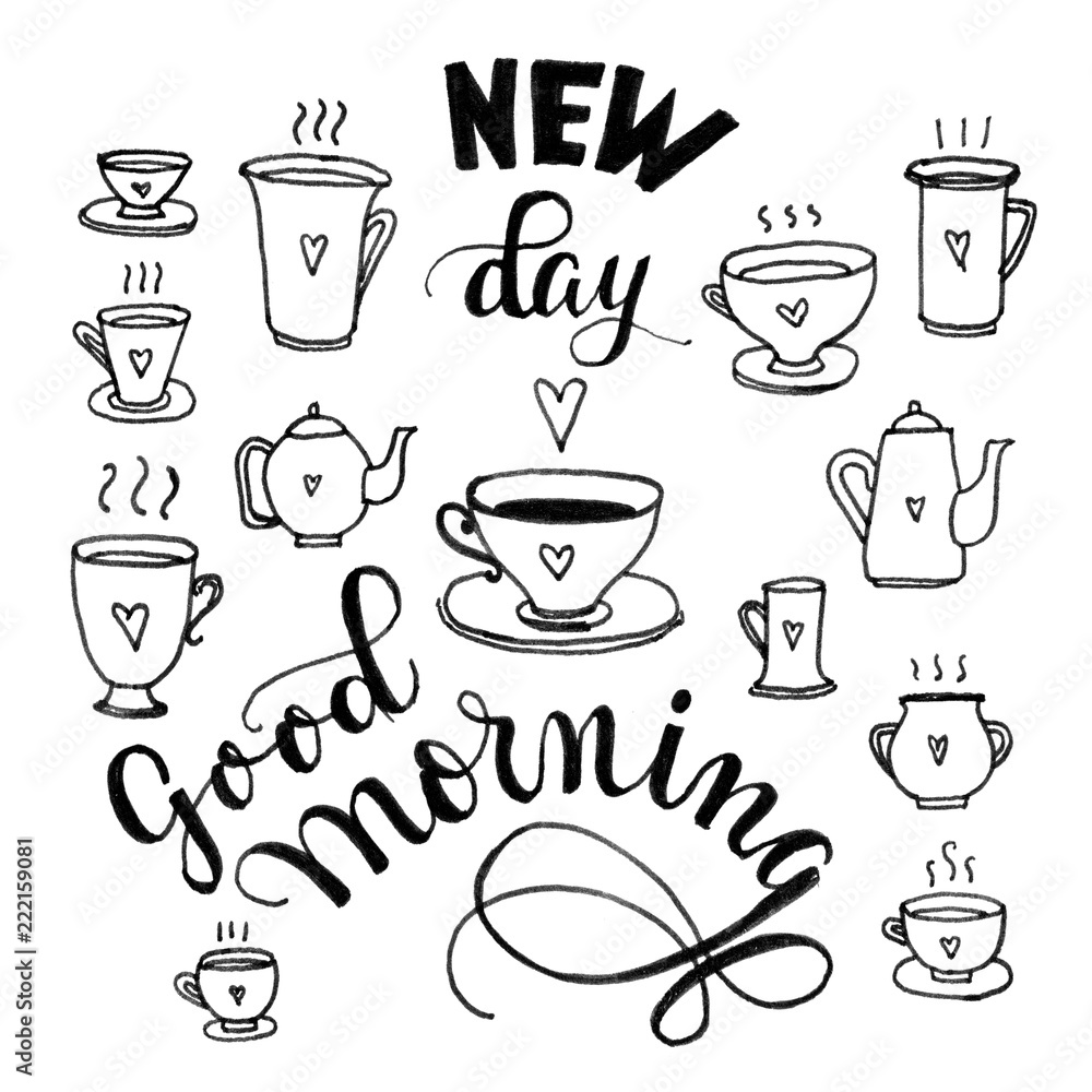 Set of black and white cups and teapots isolated on white background for good morning cards. Set of black and white cups and teapots isolated on white background for good morning cards.
