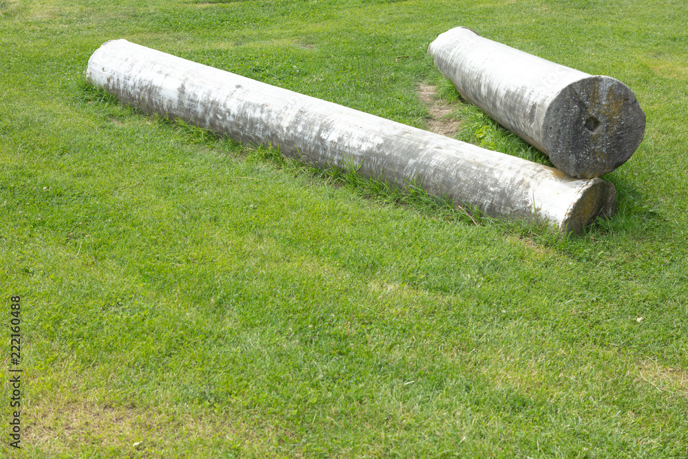 Two column of a historical building lying on the grass Two column of a historical building lying on the grass