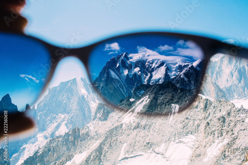 view to Mont Blanc massif, looking through sunglasses on top of Mont Blanc mountain, Punta Helbronner , Courmayeur Italy